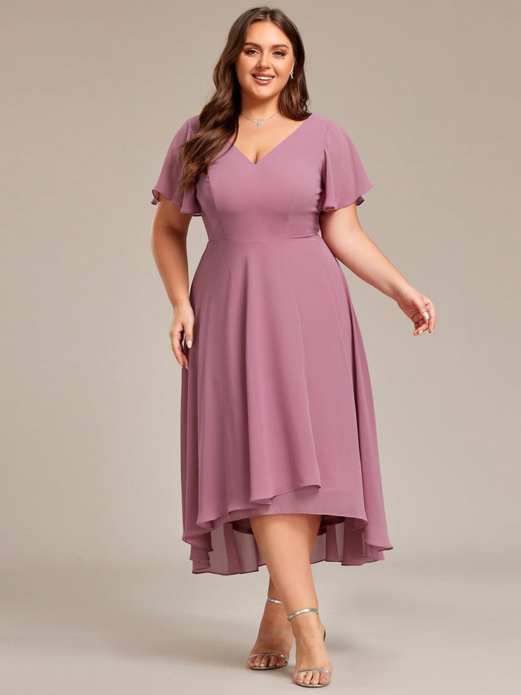 Plus Size High Low Chiffon Wedding Guest Dress with V-Neck and Ruffle Sleeves