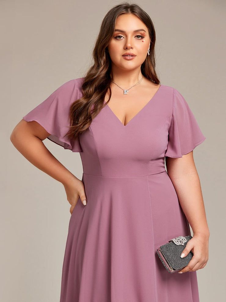 Plus Size High Low Chiffon Wedding Guest Dress with V-Neck and Ruffle Sleeves