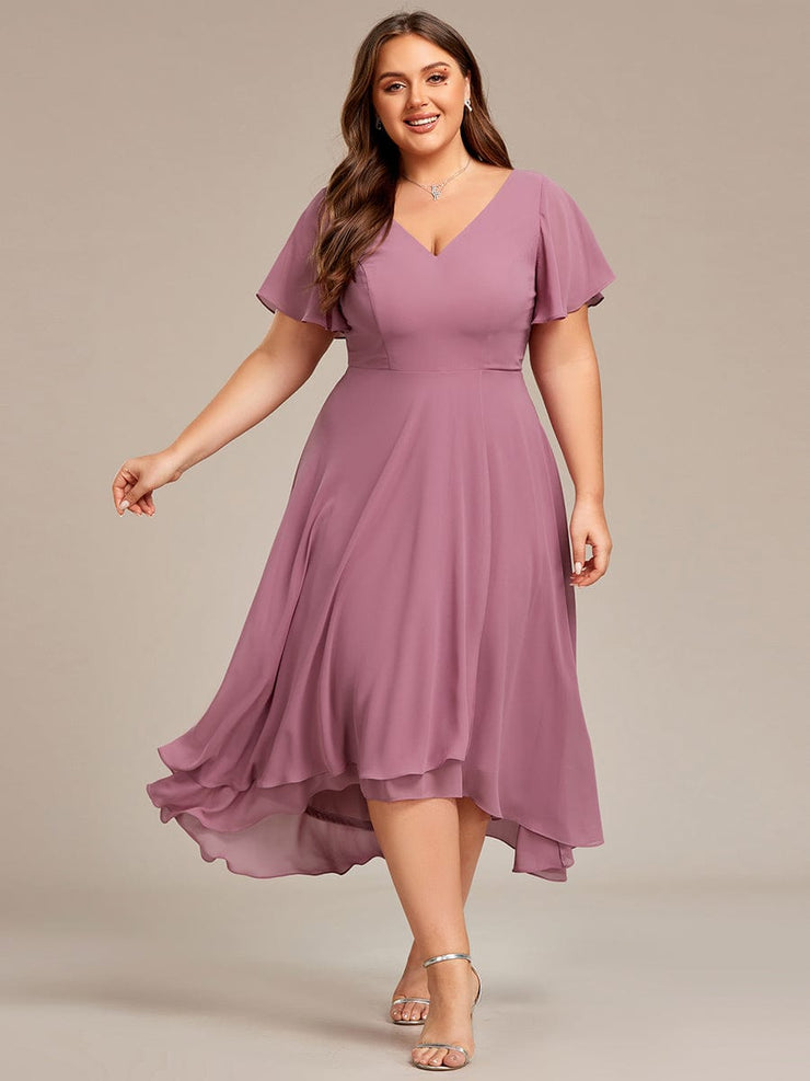 Plus Size High Low Chiffon Wedding Guest Dress with V-Neck and Ruffle Sleeves