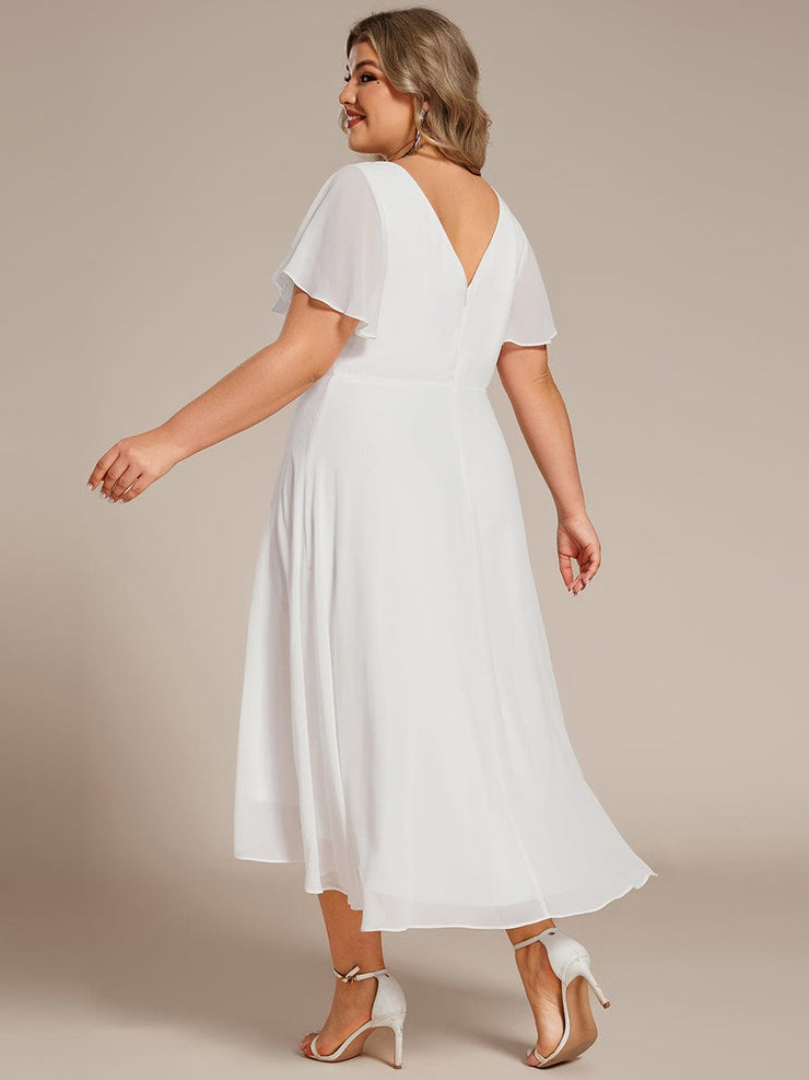 Plus Size High Low Chiffon Wedding Guest Dress with V-Neck and Ruffle Sleeves