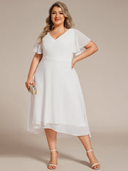 Plus Size High Low Chiffon Wedding Guest Dress with V-Neck and Ruffle Sleeves