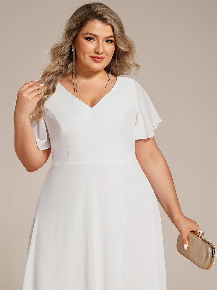 Plus Size High Low Chiffon Wedding Guest Dress with V-Neck and Ruffle Sleeves