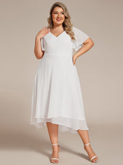 Plus Size High Low Chiffon Wedding Guest Dress with V-Neck and Ruffle Sleeves