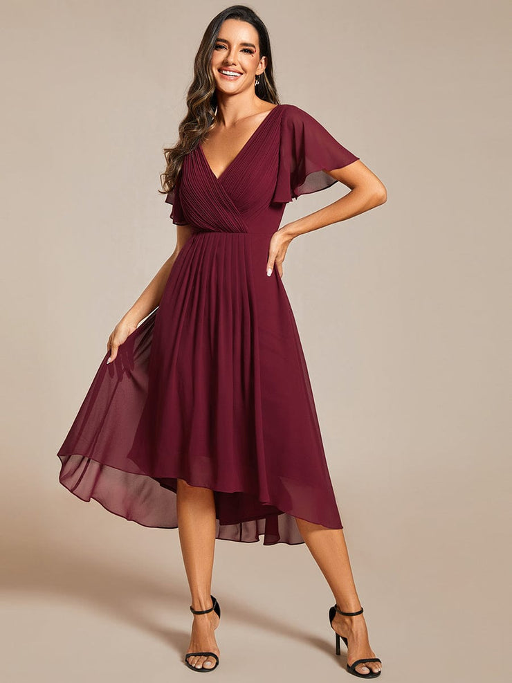 Custom Size Chic V Neck High-Low Wedding Guest Dress