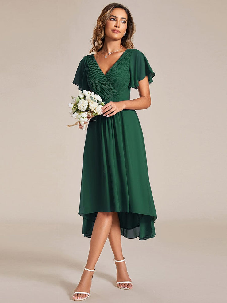 Custom Size Chic V Neck High-Low Wedding Guest Dress