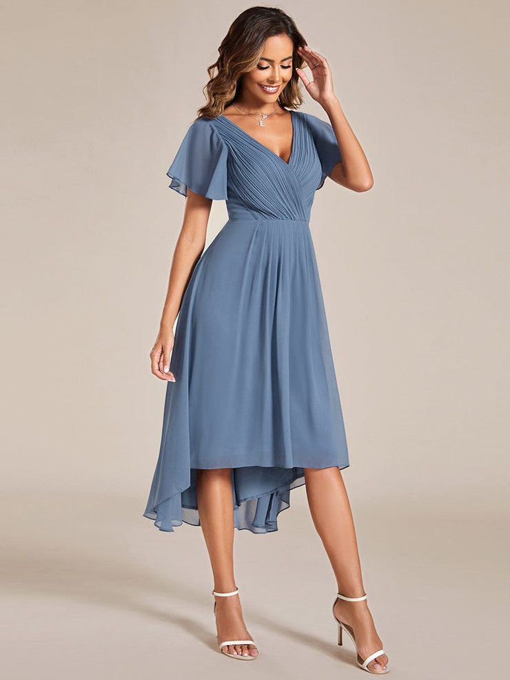 Custom Size Chic V Neck High-Low Wedding Guest Dress