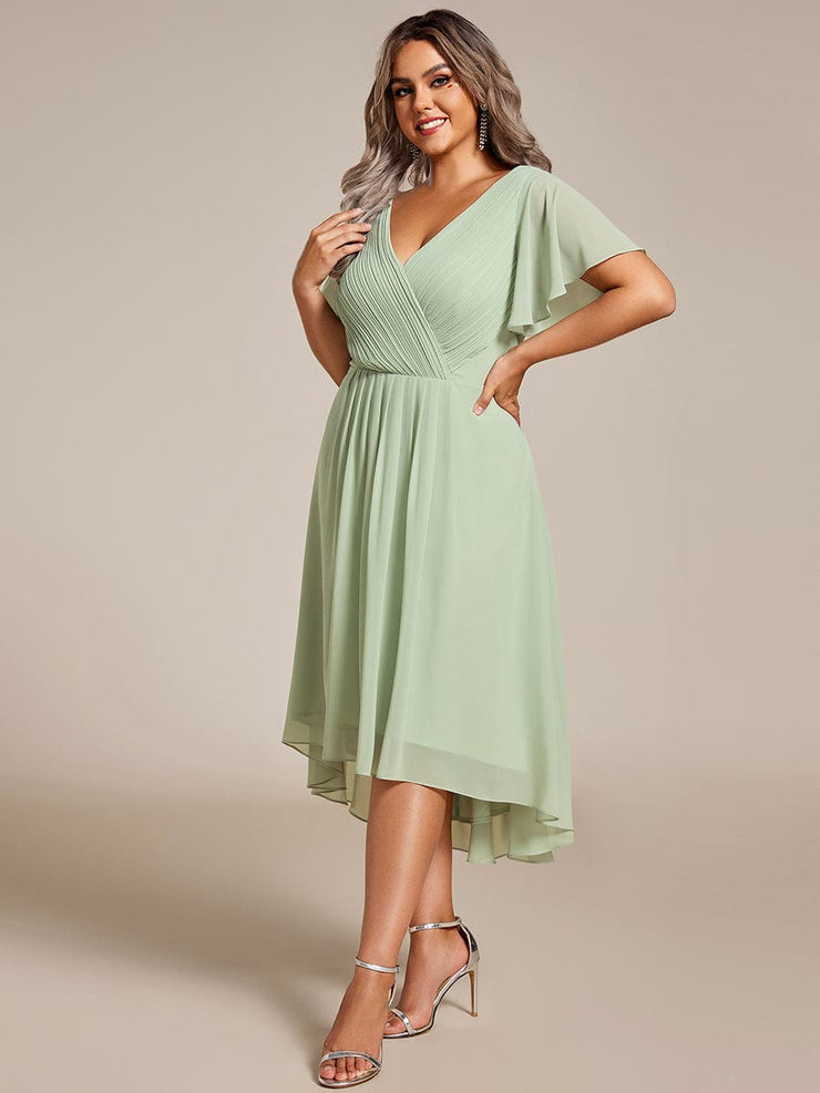 Custom Size Chic V Neck High-Low Wedding Guest Dress