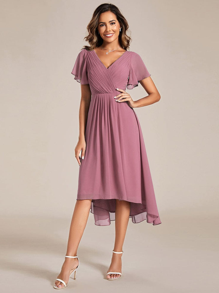 Custom Size Chic V Neck High-Low Wedding Guest Dress