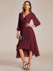 Custom Size Elegant Long Sleeve V-Neck High Low Chiffon Wedding Guest Dress