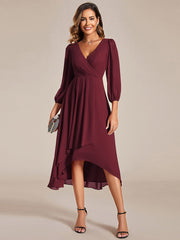 Custom Size Elegant Long Sleeve V-Neck High Low Chiffon Wedding Guest Dress