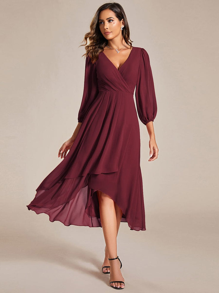 Custom Size Elegant Long Sleeve V-Neck High Low Chiffon Wedding Guest Dress