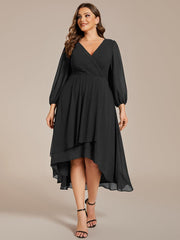 Custom Size Elegant Long Sleeve V-Neck High Low Chiffon Wedding Guest Dress