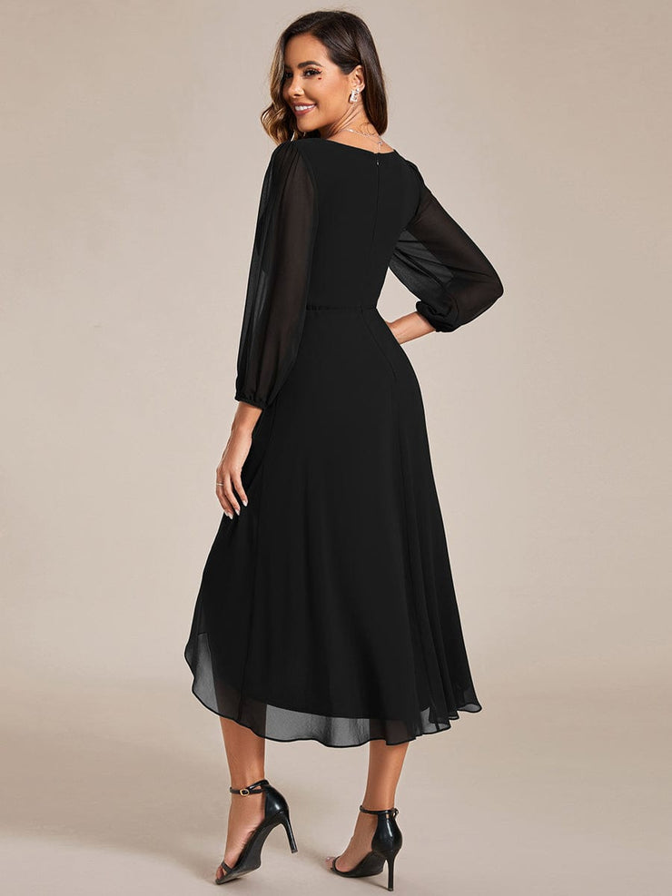 Custom Size Elegant Long Sleeve V-Neck High Low Chiffon Wedding Guest Dress