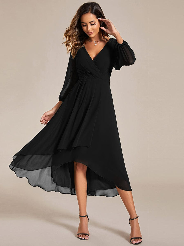 Custom Size Elegant Long Sleeve V-Neck High Low Chiffon Wedding Guest Dress