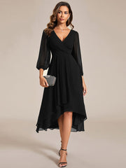 Custom Size Elegant Long Sleeve V-Neck High Low Chiffon Wedding Guest Dress