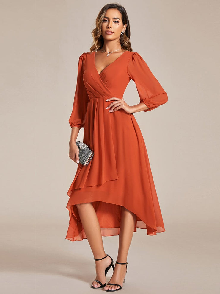 Custom Size Elegant Long Sleeve V-Neck High Low Chiffon Wedding Guest Dress