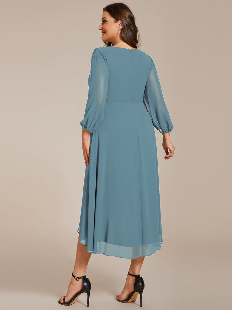 Custom Size Elegant Long Sleeve V-Neck High Low Chiffon Wedding Guest Dress