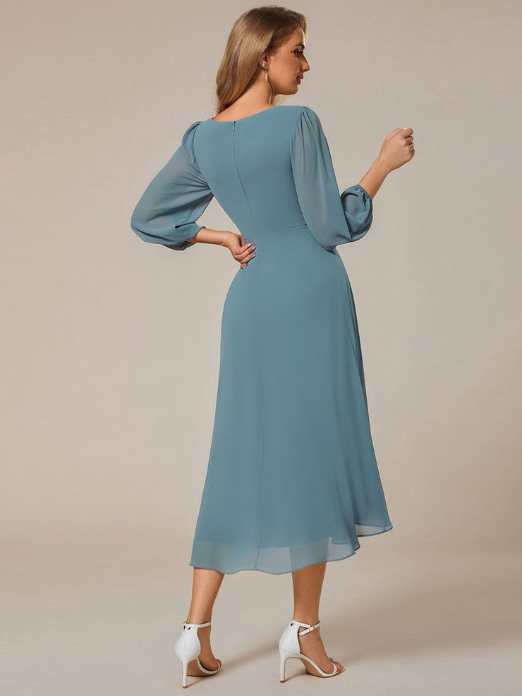 Custom Size Elegant Long Sleeve V-Neck High Low Chiffon Wedding Guest Dress