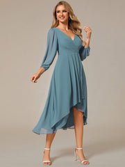 Custom Size Elegant Long Sleeve V-Neck High Low Chiffon Wedding Guest Dress