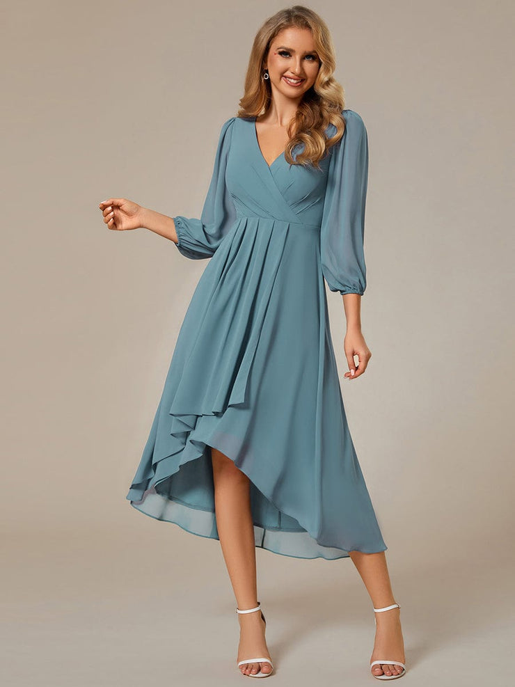 Custom Size Elegant Long Sleeve V-Neck High Low Chiffon Wedding Guest Dress