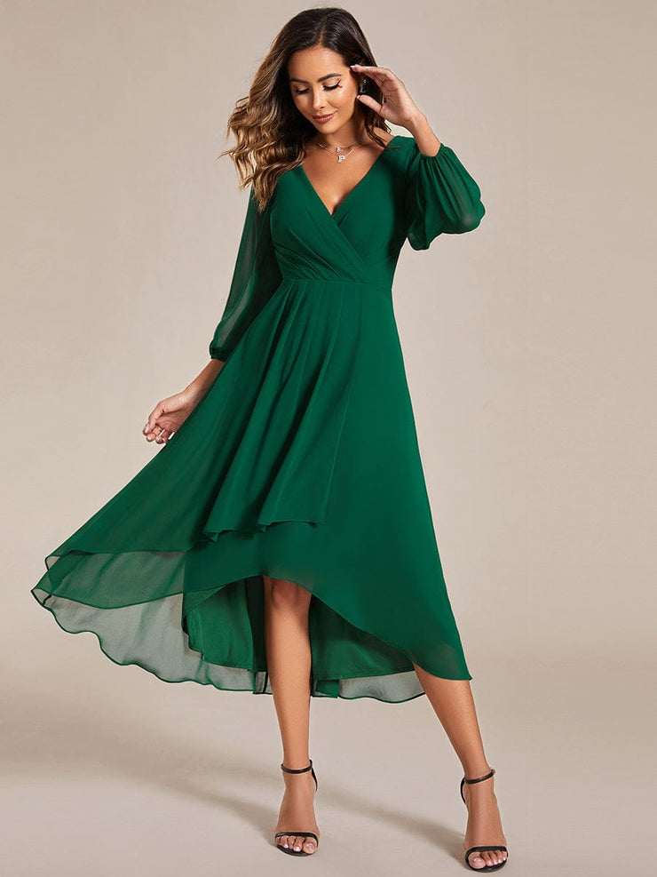 Custom Size Elegant Long Sleeve V-Neck High Low Chiffon Wedding Guest Dress