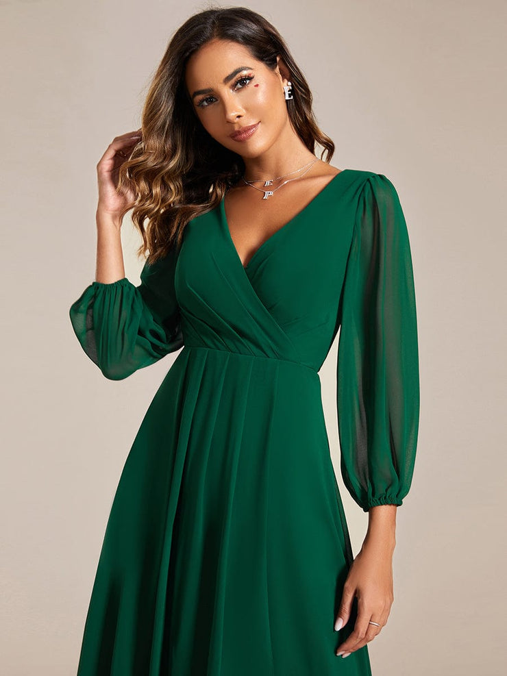 Custom Size Elegant Long Sleeve V-Neck High Low Chiffon Wedding Guest Dress