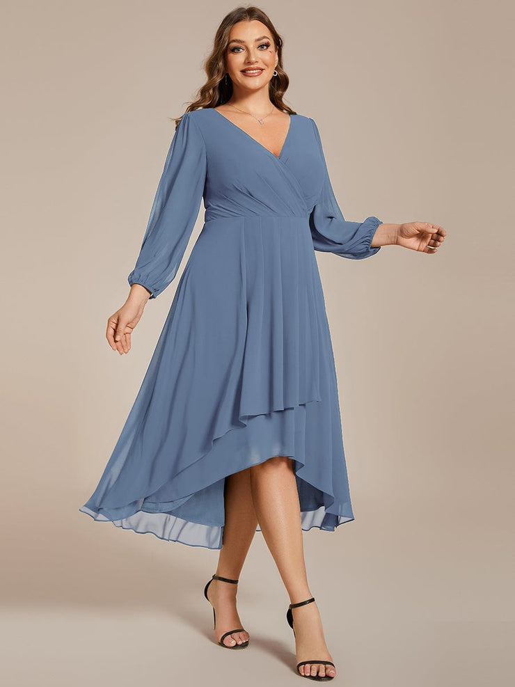 Custom Size Elegant Long Sleeve V-Neck High Low Chiffon Wedding Guest Dress