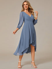 Custom Size Elegant Long Sleeve V-Neck High Low Chiffon Wedding Guest Dress