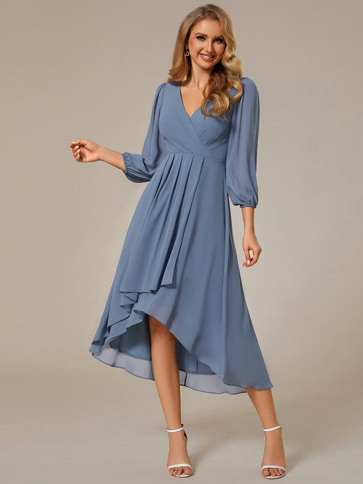 Custom Size Elegant Long Sleeve V-Neck High Low Chiffon Wedding Guest Dress