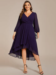 Custom Size Elegant Long Sleeve V-Neck High Low Chiffon Wedding Guest Dress