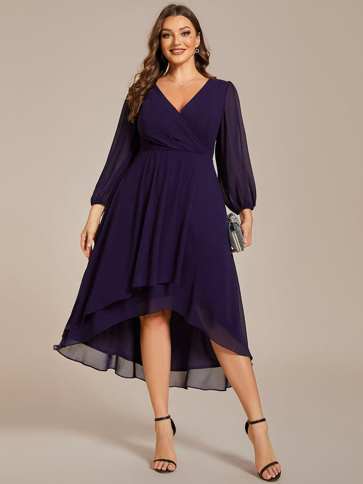 Custom Size Elegant Long Sleeve V-Neck High Low Chiffon Wedding Guest Dress