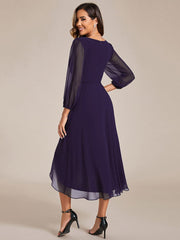 Custom Size Elegant Long Sleeve V-Neck High Low Chiffon Wedding Guest Dress