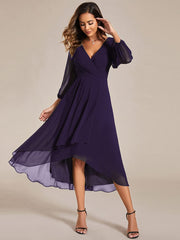 Custom Size Elegant Long Sleeve V-Neck High Low Chiffon Wedding Guest Dress