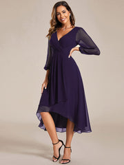 Custom Size Elegant Long Sleeve V-Neck High Low Chiffon Wedding Guest Dress