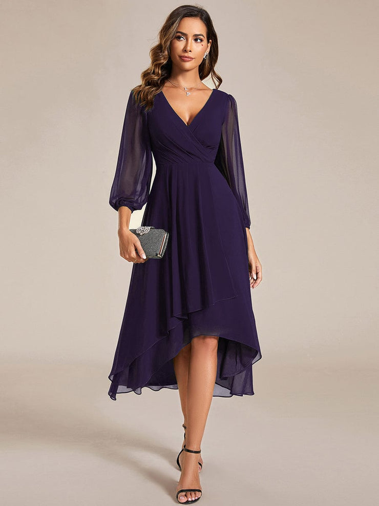 Custom Size Elegant Long Sleeve V-Neck High Low Chiffon Wedding Guest Dress