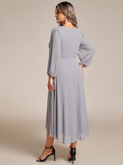 Custom Size Elegant Long Sleeve V-Neck High Low Chiffon Wedding Guest Dress