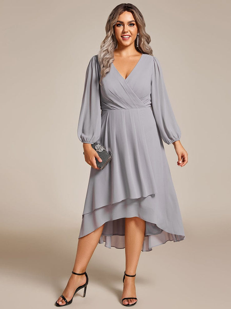 Custom Size Elegant Long Sleeve V-Neck High Low Chiffon Wedding Guest Dress