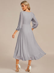 Custom Size Elegant Long Sleeve V-Neck High Low Chiffon Wedding Guest Dress