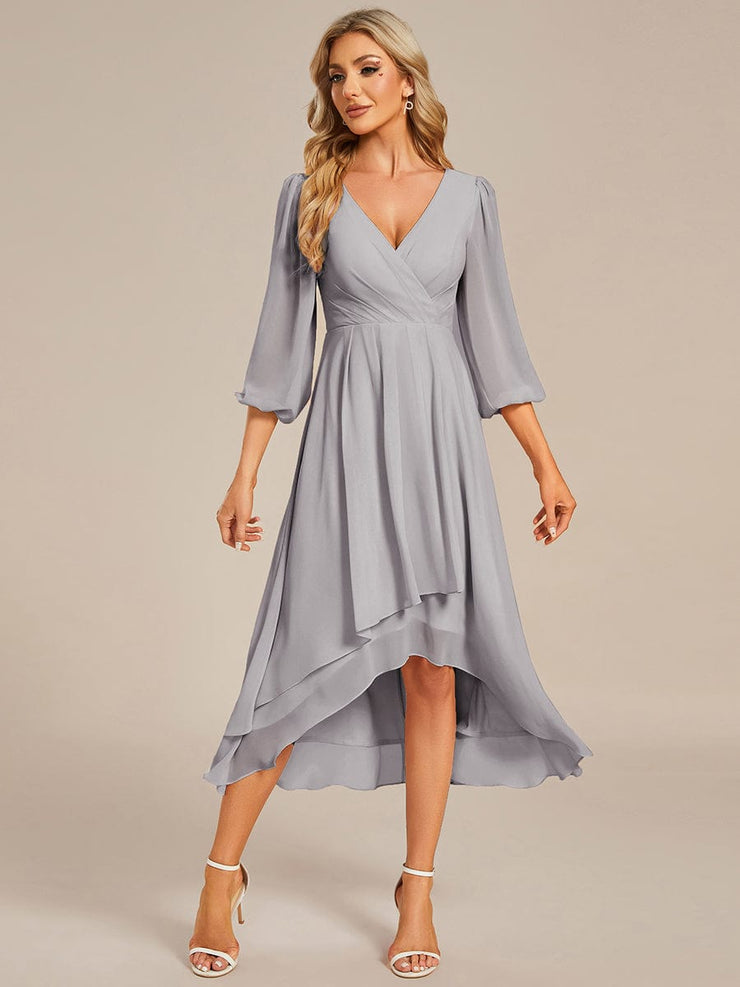 Custom Size Elegant Long Sleeve V-Neck High Low Chiffon Wedding Guest Dress