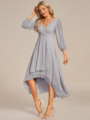 Custom Size Elegant Long Sleeve V-Neck High Low Chiffon Wedding Guest Dress