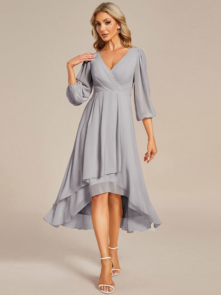 Custom Size Elegant Long Sleeve V-Neck High Low Chiffon Wedding Guest Dress