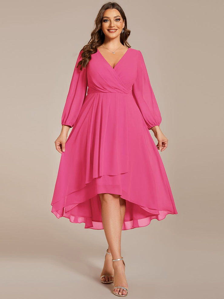 Custom Size Elegant Long Sleeve V-Neck High Low Chiffon Wedding Guest Dress