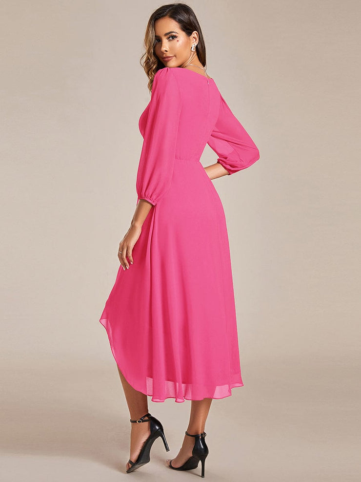 Custom Size Elegant Long Sleeve V-Neck High Low Chiffon Wedding Guest Dress