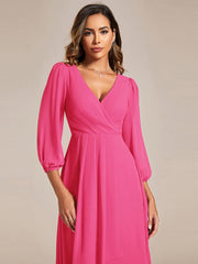 Custom Size Elegant Long Sleeve V-Neck High Low Chiffon Wedding Guest Dress