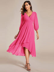 Custom Size Elegant Long Sleeve V-Neck High Low Chiffon Wedding Guest Dress