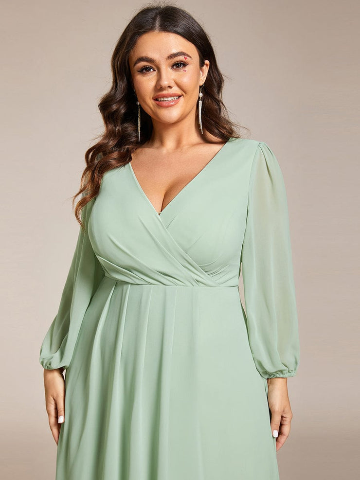 Custom Size Elegant Long Sleeve V-Neck High Low Chiffon Wedding Guest Dress