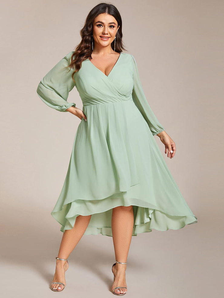 Custom Size Elegant Long Sleeve V-Neck High Low Chiffon Wedding Guest Dress