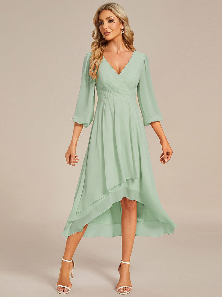 Custom Size Elegant Long Sleeve V-Neck High Low Chiffon Wedding Guest Dress