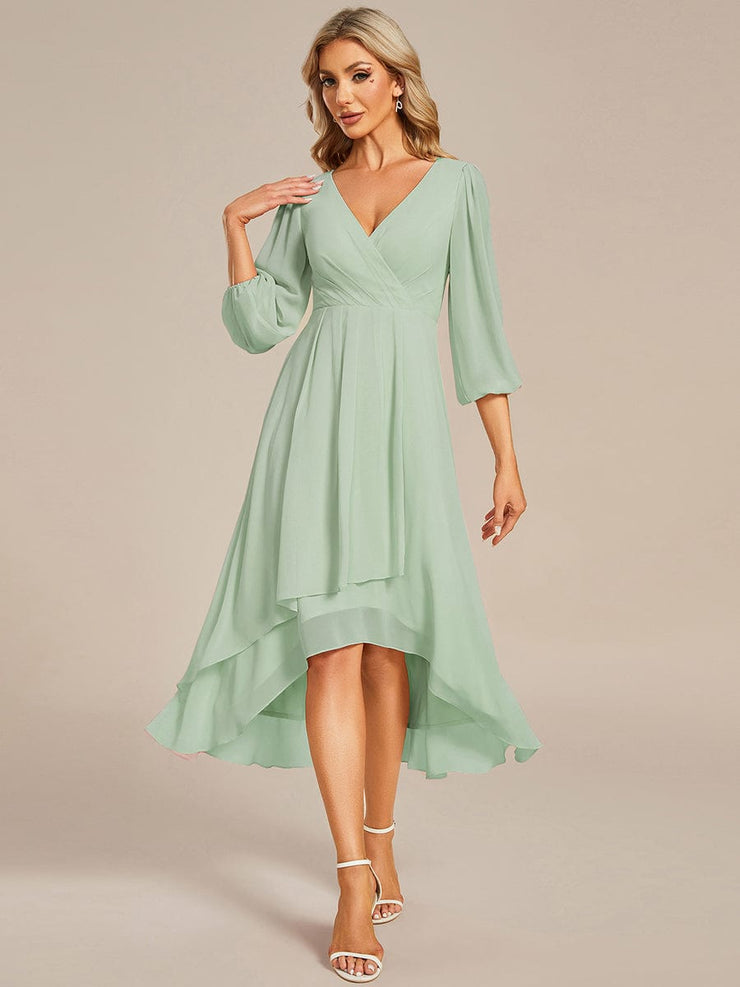 Custom Size Elegant Long Sleeve V-Neck High Low Chiffon Wedding Guest Dress