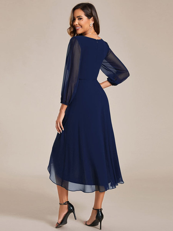 Custom Size Elegant Long Sleeve V-Neck High Low Chiffon Wedding Guest Dress